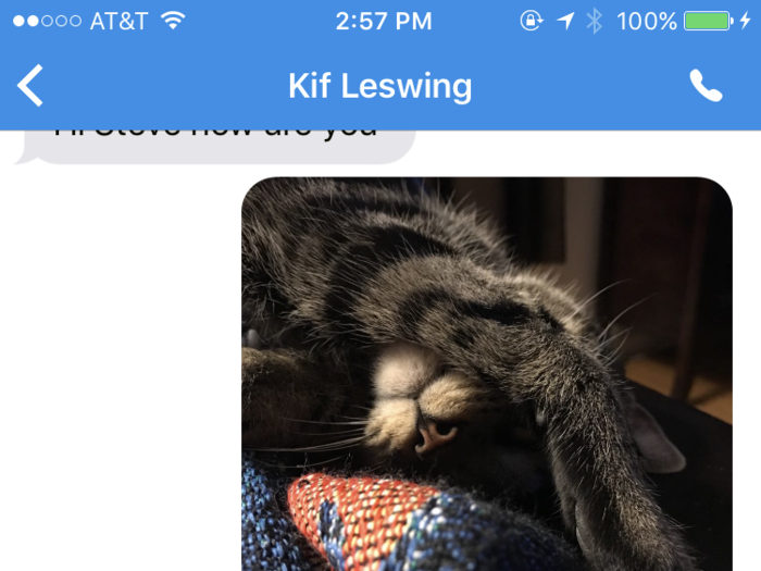 Chats look nearly identical to iMessage. You can send text and photos. Everything is encrypted, which means only the sender and recipient can see the message.