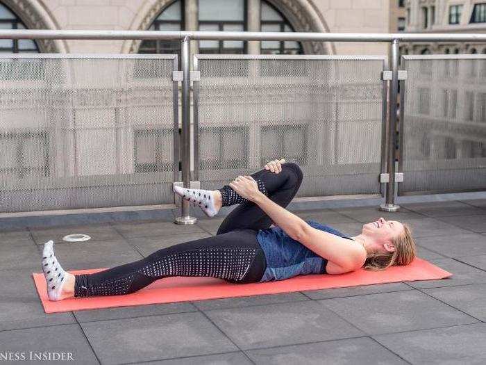 Hip flexors need stretches too. For this one, the best way is to lie on your back. Keep the other leg straight, then after 30 seconds swap legs.