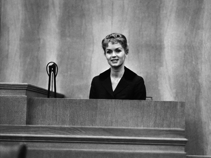 Reynolds testified on the witness stand during her divorce hearing, Feb. 19, 1959 in Los Angeles.