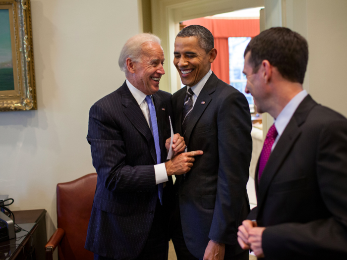 Obama laughs with Biden and Senior Adviser David Plouffe in the Outer Oval Office on April 26, 2012.