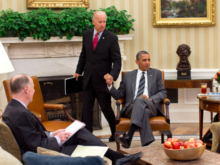 Biden arrives for a meeting with Obama, then Secretary of State Hillary Rodham Clinton, and then National Security Adviser Tom Donilon in the Oval Office on July 18, 2012.