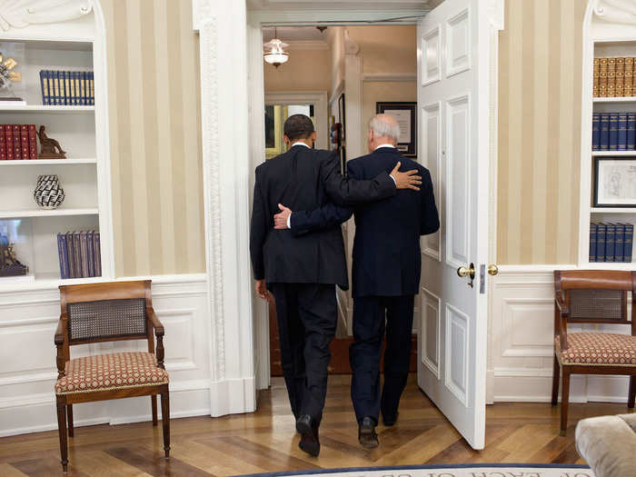 Obama and Biden head toward the Oval Office private dining room for lunch on May 4, 2011.