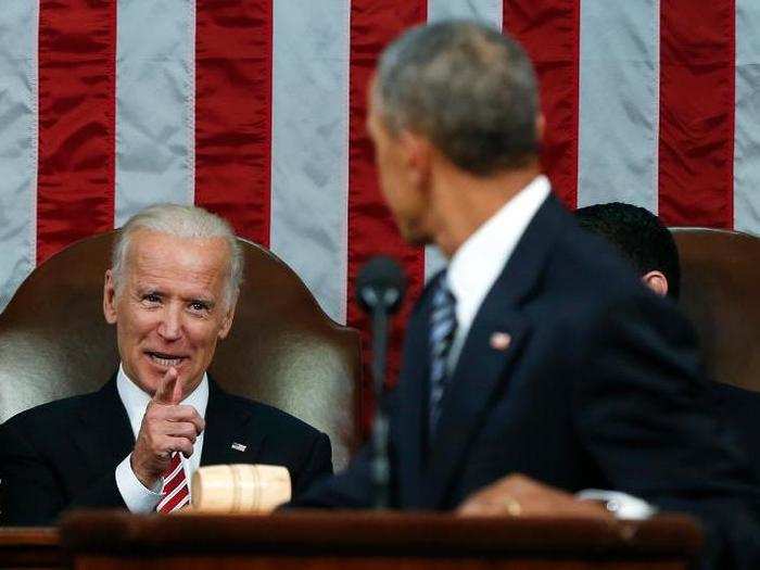 Biden points to Obama while Obama delivered his final State of the Union address on January 12, 2016.