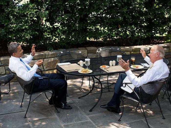 Obama has lunch with Biden on the Oval Office patio on June 28, 2012.