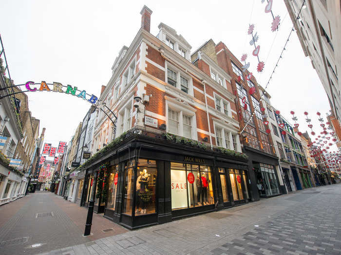 No pedestrians were seen on the pedestrianised Carnaby Street.