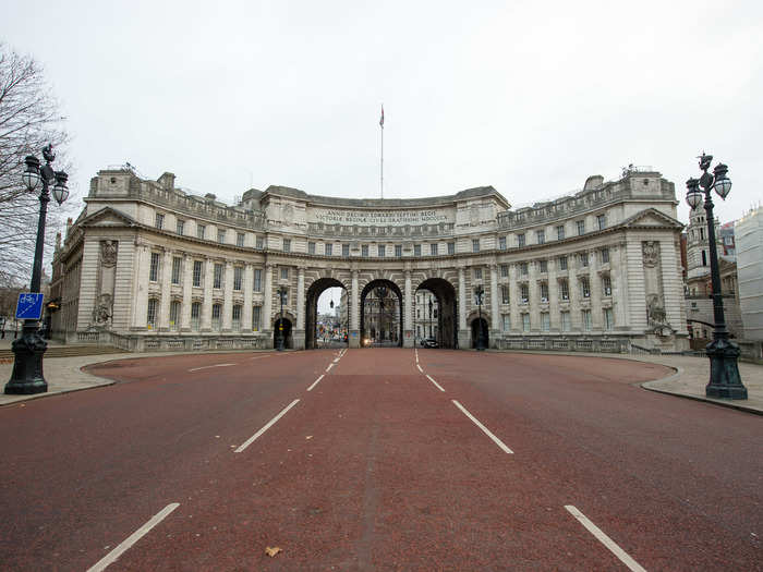 Motorists and pedestrians alike pass under the busy Admirality Arch on The Mall in London every day, but the streets were empty.