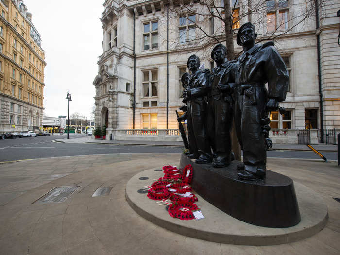 The lack of people makes the Royal Tank Regiment Memorial in Whitehall look even more impressive.