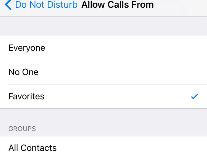 If you want to make sure your loved ones can still call and text you when Do Not Disturb is on, you can allow calls from everyone, nobody, your contacts, or favorites, which is the speed dial menu in your phone app.