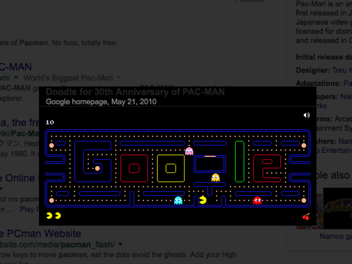 19. Googling “pacman” will allow you to play the interactive doodle Google created for the little yellow guy’s 30th anniversary back in 2010.