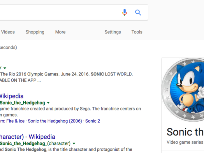 16. For the Sega people out there, searching "Sonic the Hedgehog" will bring up that beloved mascot in the Knowledge Graph. Clicking on him will make him do his trademark spin, and eventually transform him into his powered-up Super Sonic form.