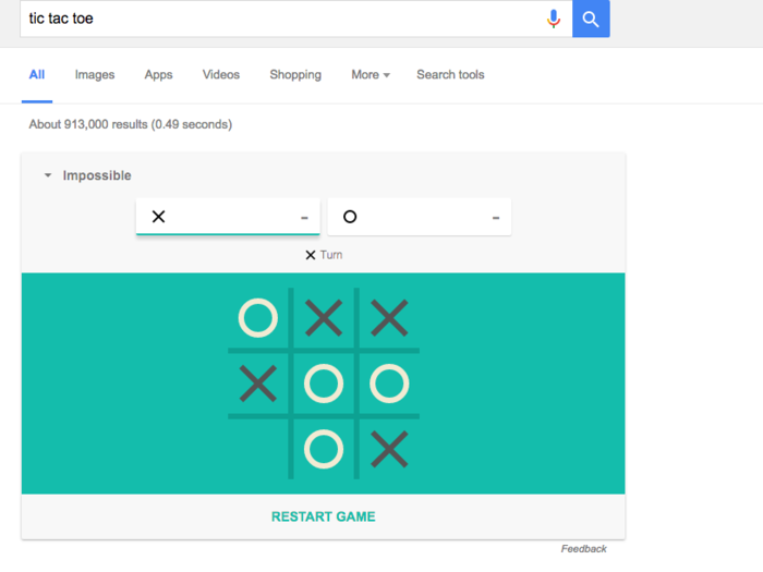 2. Likewise, searching “tic tac toe” will let you start up that game. You can set it to play against a friend or Google itself. For a real challenge, set the difficulty to “Impossible,” and try to get anything done at work.