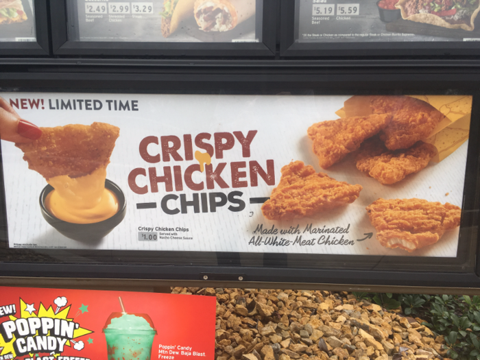 Also on the menu: Crispy Chicken Chips, which cost $1 for a pack of six and are served with nacho cheese sauce.