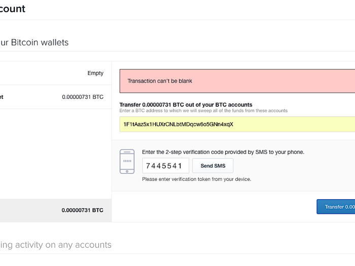 When I tried to close the account, that penny proved to be an issue. As much as I tried to send the lone cent with addresses I found around the Internet, Coinbase didn