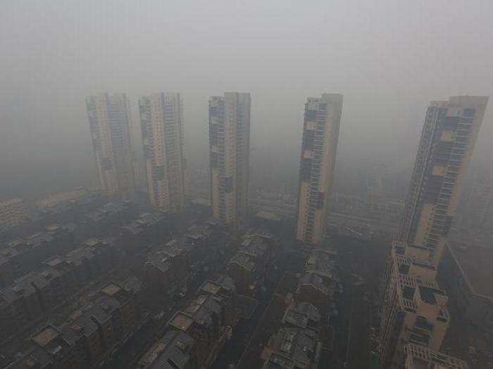 Residential buildings are shrouded in a haze in Shenyang.