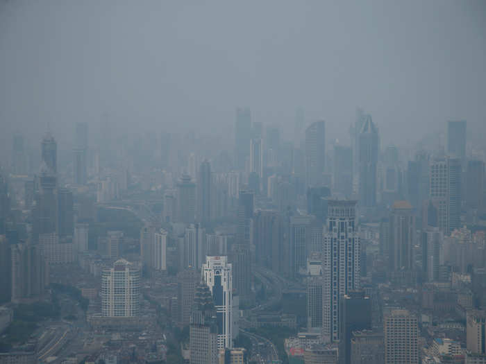 A view from the Jin Mao Tower in the Puxi district of Shanghai amid heavy smog.