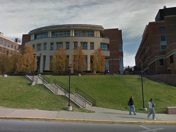 West Virginia: High on a lush hill, the West Virginia University Library peers over the Morgantown campus.