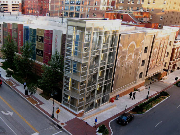 Missouri: The Kansas City Public Library features a towering row of famous books on its facade, including "Catch-22" and Plato