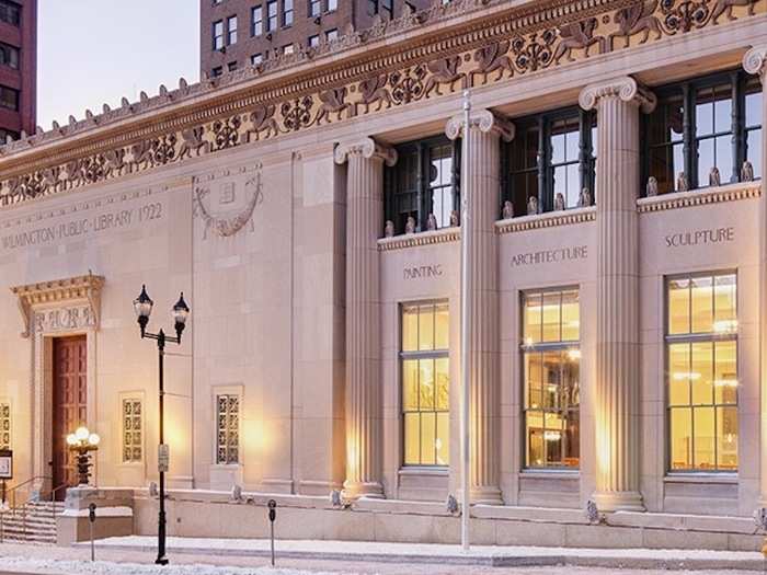 Delaware: The Wilmington Public Library was founded in the late 18th century. The building has been renovated several times since, though the facade retains its regal aesthetic.