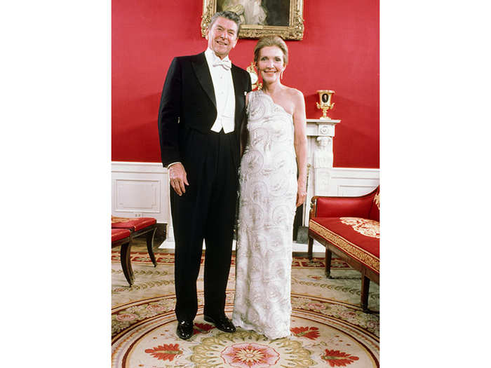 The 1981 inaugural celebrations for President Ronald Reagan were called the "most lavish" in American history by The New York Times. Nancy Reagan wore a one-shouldered gown designed by James Galanos, whose garments were made for high-profile clients.