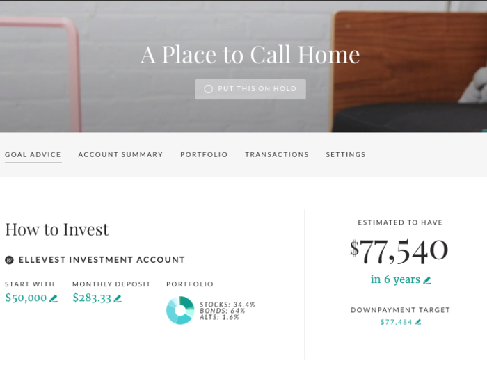 For this example, we made our No. 1 goal buying a home. Ellevest offers advice to accomplish this, but edits can be made to both the cost and timeline at any point. In this scenario, we would need to deposit about $283 monthly into our Ellevest account to reach our target goal in six years.