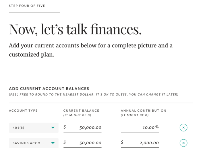 Step four: This helps Ellevest to know where we stand financially by entering the status of our accounts, from 401(k) and IRA to checking and savings. Again, the example here is a hypothetical situation.