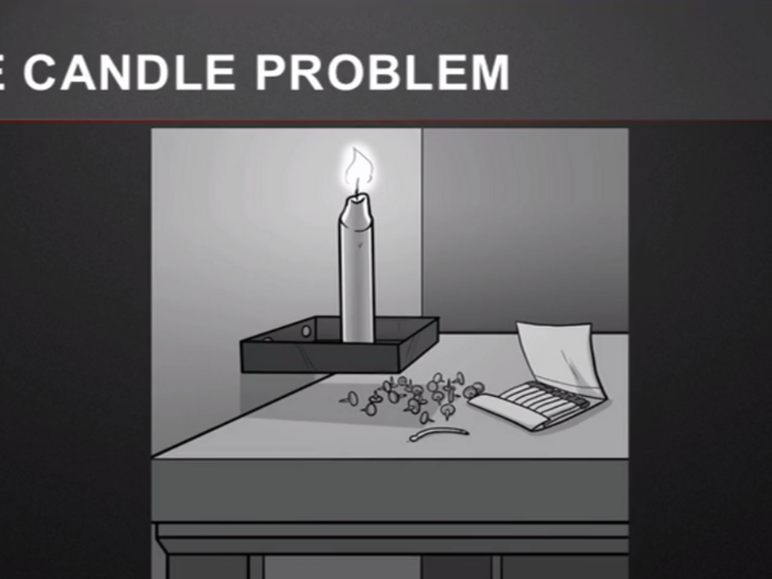 Most people come up with clever, but ultimately misguided solutions. The right answer involves emptying the box of tacks and pinning the box to the wall, thereby creating a platform for the candle.