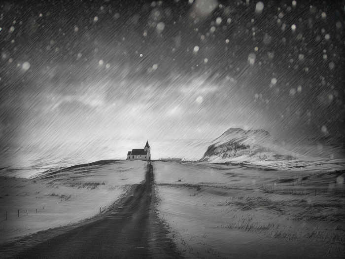 Guy Havell won the black and white image contest with this evocative photo of Ingjaldsholl Church on the Snaefellsnes Peninsula of Iceland.