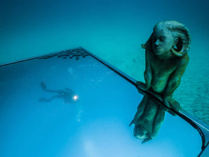 This one, titled "The Portal," forms part of the underwater botanical garden. It shows "a hybrid animal/human sculpture looking into a large square mirror, which reflects the moving surface of the ocean."