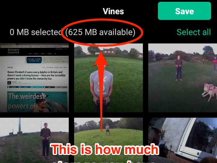 4. Vine will show you every video you have posted, and how much space you have left on your phone. Vine videos are a max of 1.5MB each, and you can delete photos and videos in your gallery to clear space.