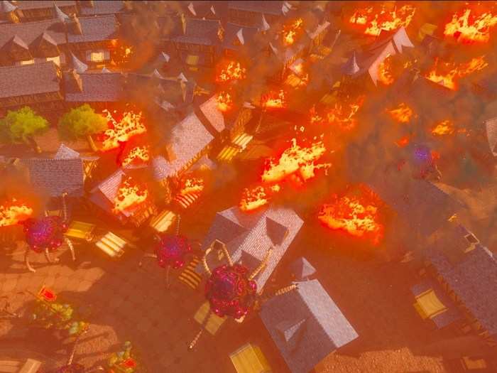 This spider-like creature seems to be responsible for destroying Hyrule. Here are a handful of them rampaging through a village, setting it ablaze: