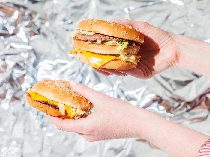 Compared to the normal Big Mac (top), the Mac Jr. looks like a fairly nondescript burger. The Mac Jr. costs $3.39, compared to a $5.39 Big Mac — non-NYC prices may be lower.