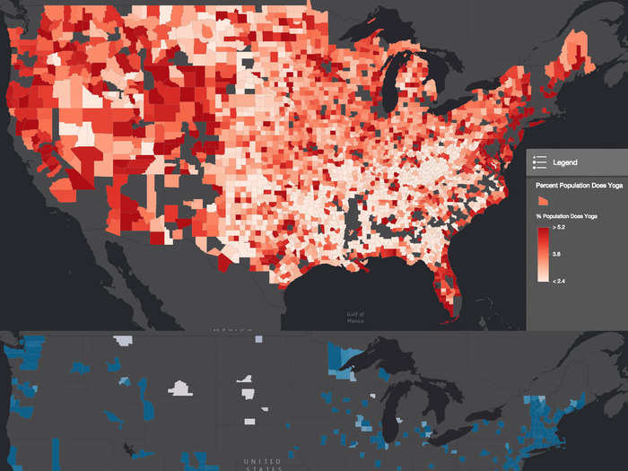 People in red counties are 42% less likely to do yoga.