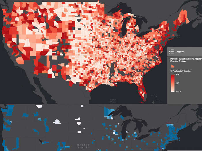 People in red counties are 17% less likely to exercise regularly.