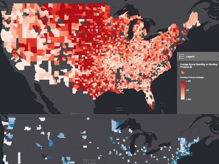 People in red counties spend 10% more on smoking products each year.