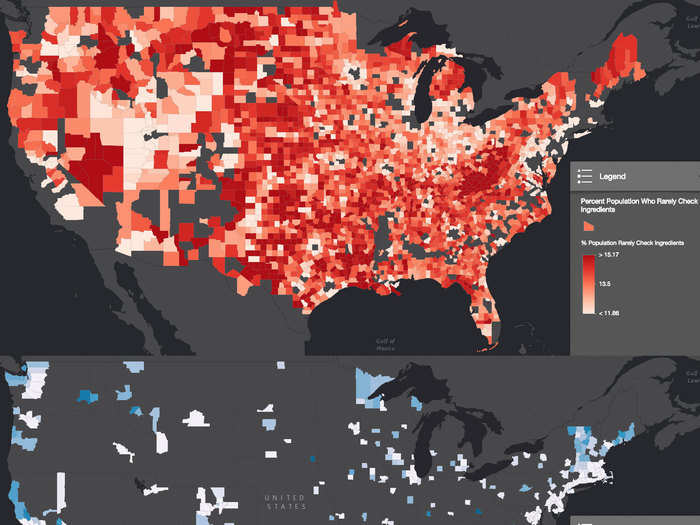 People in red counties are 11% more likely to "rarely check ingredients of food before buying."