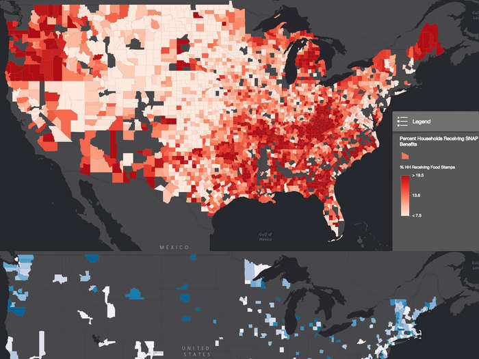 People in red counties are 14% less likely to get food stamps.