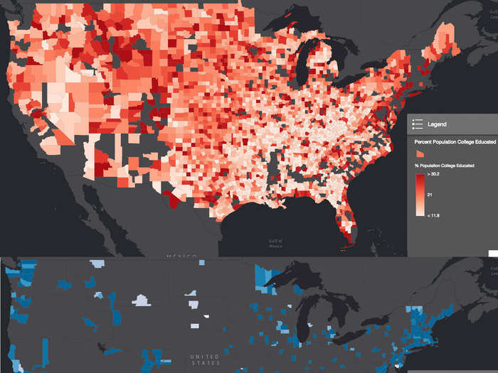 People in red counties are 44% less likely to have a bachelor’s degree.