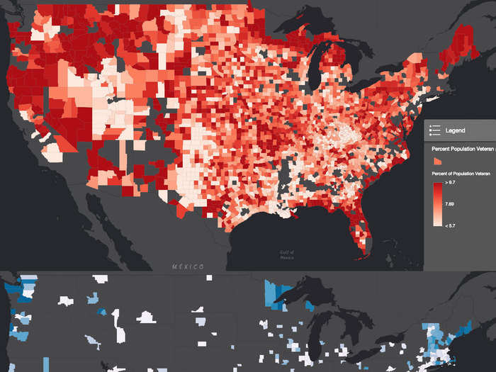 Red counties have a 23% higher share of veterans.