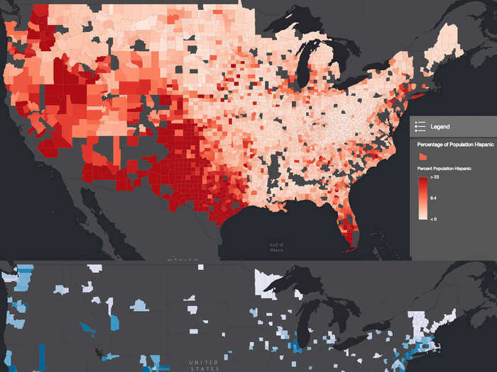 Red counties are 48% less Hispanic.