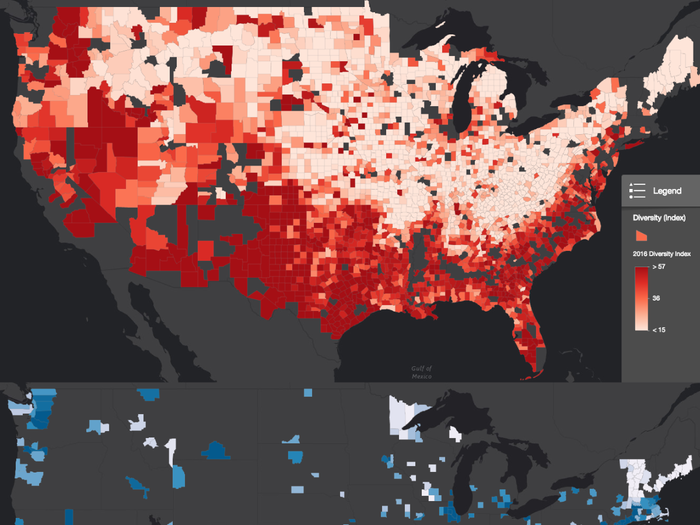 Red counties are 37% less diverse.