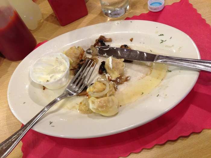 I enjoyed a delicious specialty of the house, small Russian dumplings covered in sauteed onions and mushrooms, sprinkled with dill, plus a side of sour cream. Totally hit the spot.
