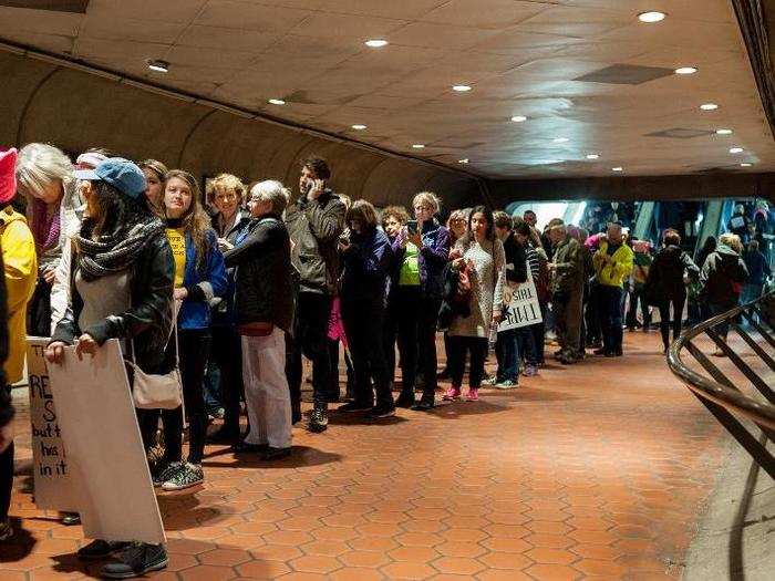 The line to board the subway stretched from the train platform all the way up the escalator.