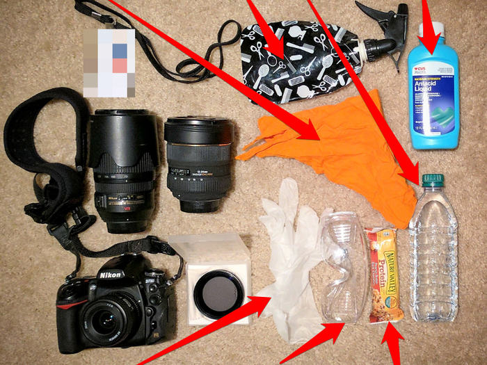 Just to be safe, I added some last-minute items to my reporting kit — mainly in case I needed to escape from a cloud of tear gas or help anyone who was injured.