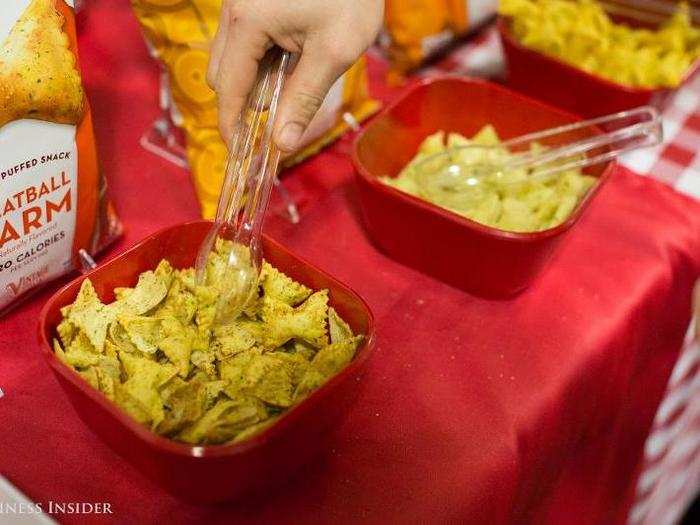 Pasta Bow Ties are chips made from layering two uncooked bow-tie noodles and baking them until they puff up with air. They come in flavors like Creamy Ranch and Honey Butter.