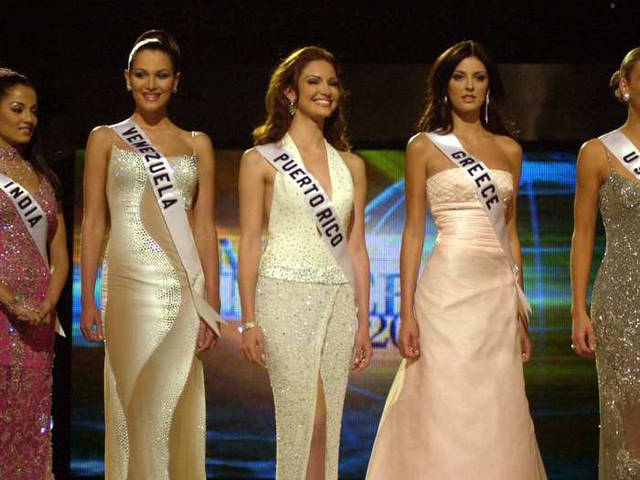 In 2000, the interview portion of the semifinal was cut, leaving only the swimsuits and evening-gown contests. Here are the finalists in 2001 — the winner was Miss Puerto Rico, Denise Quinones (center).