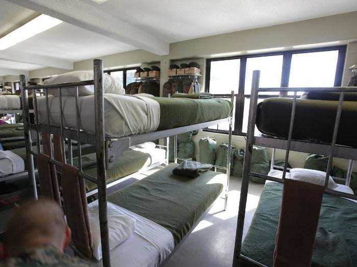 Not an inch of space is wasted in the "squad bay," the common living area for recruits.