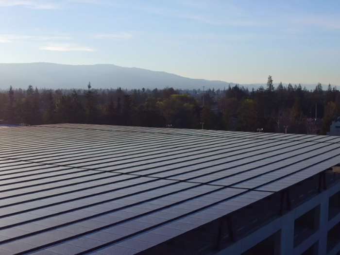 Vast fields of solar panels on top of a parking structure — smart and environmentally friendly.