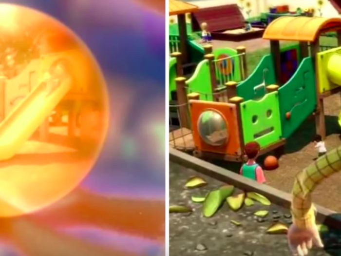 "INSIDE OUT": Joy picks up a memory bubble which shows children going down a slide. It closely resembles the playset at Sunnyside Daycare in "Toy Story 3."