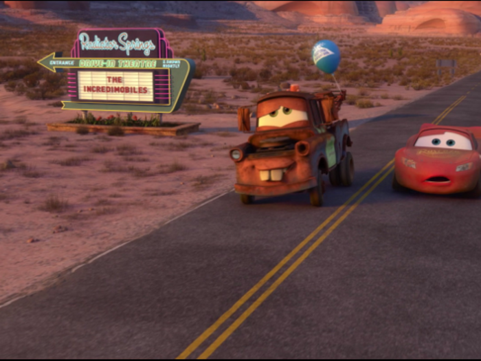 When Mater and Lightning McQueen drive by the Radiator Springs Drive-In in "Cars 2," they