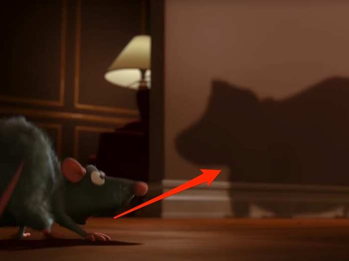 That shadow of a dog barking at Remy is a familiar face from "Up."